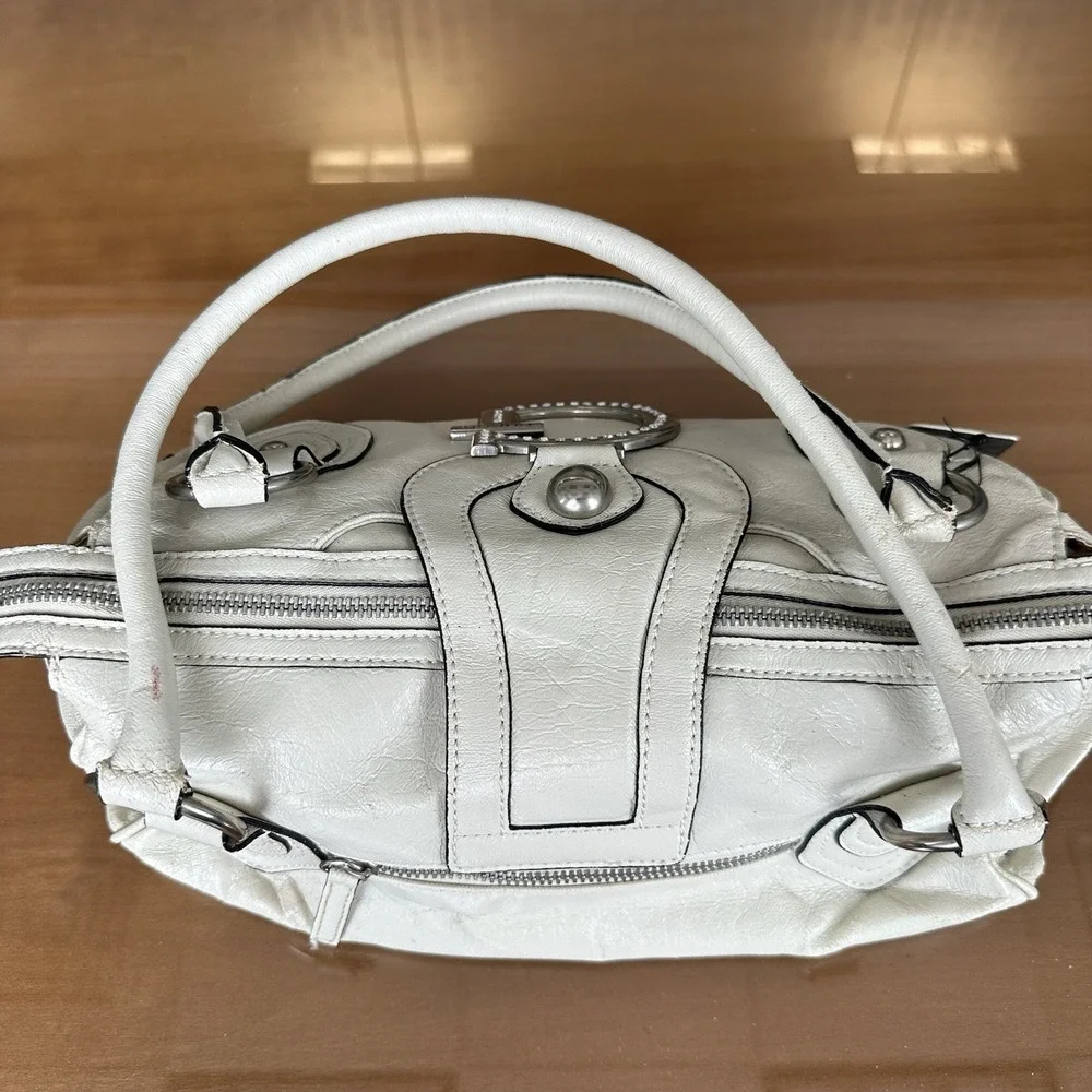 G By‎ Guess Cream Handbag Vintage Y2k Buckle Detail Studded Satchel Silver *New*